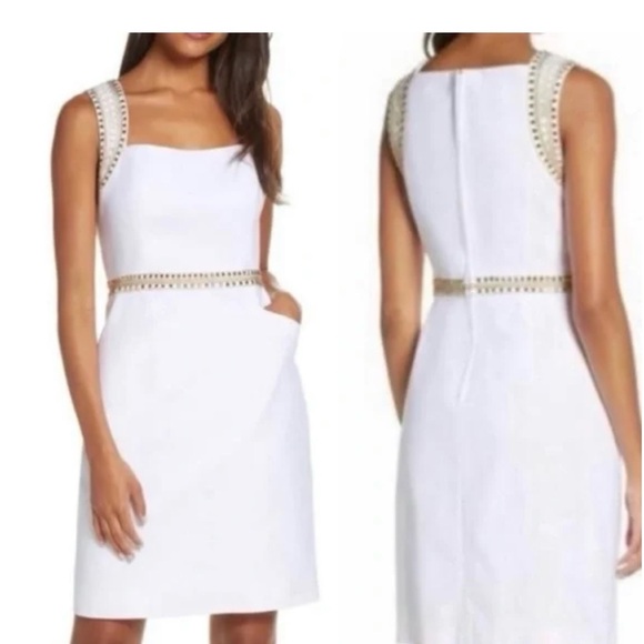Lily Pulitzer Dana Shift Dress. Elegant White Dress with Gold Accents - Picture 2 of 6